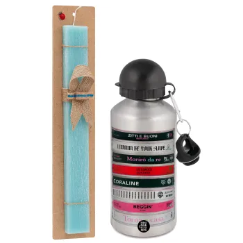 Maneskin Cassette, Easter Set, metallic silver aluminum water bottle (500ml) & scented flat Easter candle (30cm) (TURQUOISE)