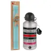 Easter Set, metallic silver aluminum water bottle (500ml) & scented flat Easter candle (30cm) (TURQUOISE)