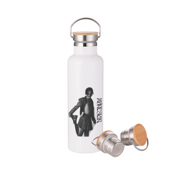 Maneskin Damiano David, Μεταλλικό παγούρι θερμός (Stainless steel) Λευκό με ξύλινο καπάκι (bamboo), διπλού τοιχώματος, 750ml