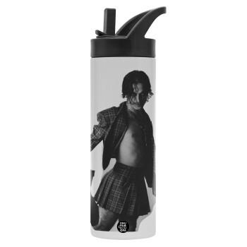 Maneskin Damiano David, Metallic thermos bottle with straw & handle, stainless steel (Stainless steel 304), double-walled, 600ml.