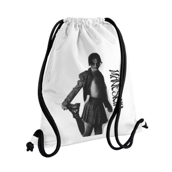 Maneskin Damiano David, Τσάντα πλάτης πουγκί GYMBAG λευκή, με τσέπη (40x48cm) & χονδρά κορδόνια