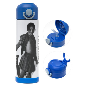 Maneskin Damiano David, Children's hot water bottle, stainless steel, with safety straw, BLUE (500ml)