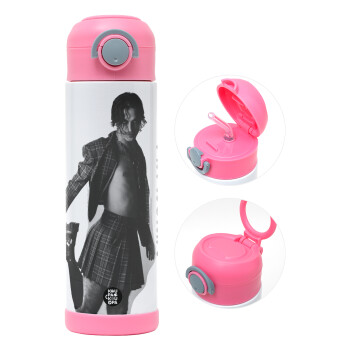 Maneskin Damiano David, Children's hot water bottle, stainless steel, with safety straw, PINK (500ml)