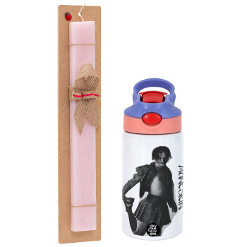 Maneskin Damiano David, Easter Set, Children's thermal stainless steel water bottle with safety straw, pink/purple (350ml) & Easter scented flat candle (30cm) (PINK)