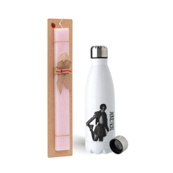 Maneskin Damiano David, Easter Set, metallic stainless steel water bottle (750ml) & scented flat Easter candle (30cm) (PINK)
