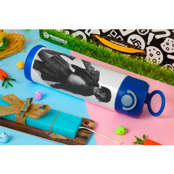 Maneskin Damiano David, Easter candle, Childrens hot water bottle, stainless steel, with safety straw, BLUE (500ml)