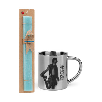 Maneskin Damiano David, Easter Set, metallic thermal cup (300ml) & aromatic flat Easter candle (30cm) (TURQUOISE)