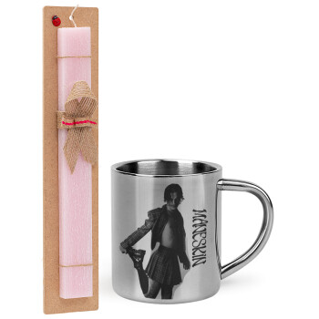 Maneskin Damiano David, Easter Set, metallic thermal cup (300ml) & aromatic flat Easter candle (30cm) (PINK)
