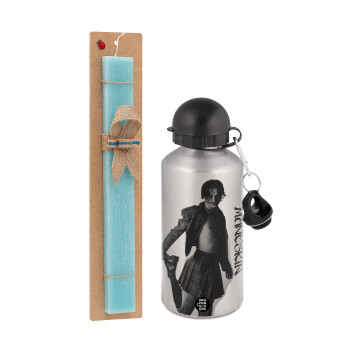 Maneskin Damiano David, Easter Set, metallic silver aluminum water bottle (500ml) & scented flat Easter candle (30cm) (TURQUOISE)