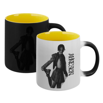 Maneskin Damiano David, Κούπα Μαγική εσωτερικό κίτρινη, κεραμική 330ml που αλλάζει χρώμα με το ζεστό ρόφημα