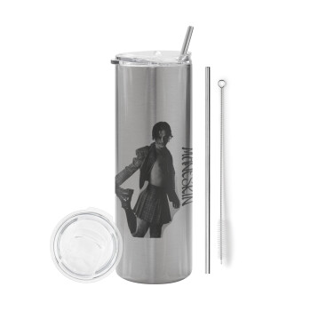 Maneskin Damiano David, Tumbler stainless steel Silver 600ml, with metal straw & cleaning brush