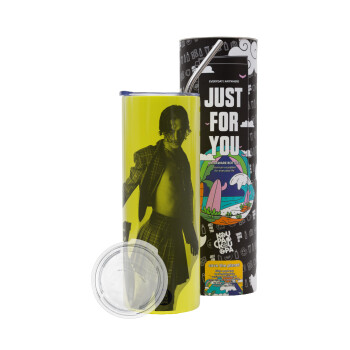 Maneskin Damiano David, Neon Yellow Travel Tumbler, with metal straw (Stainless steel 304 Food grade, BPA free, 600ml)