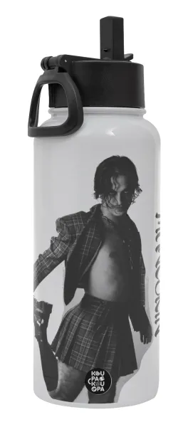 Maneskin Damiano David — Metal mug thermo White with Straw and Spout Lid (Stainless steel), double wall, 950ml