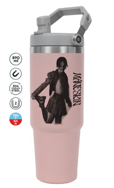 Maneskin Damiano David — ΡΟΖ Travel Tumbler Θερμός με χερούλι και καλαμάκι 890ml