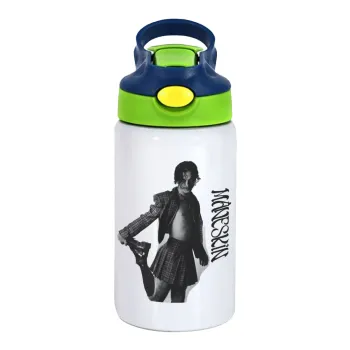 Maneskin Damiano David, Children's hot water bottle, stainless steel, with safety straw, green, blue (350ml)