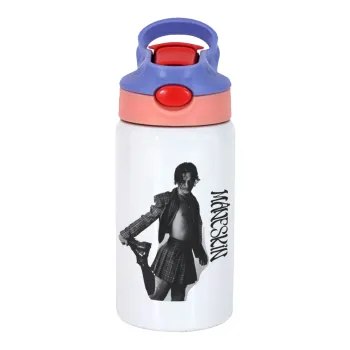 Maneskin Damiano David, Children's hot water bottle, stainless steel, with safety straw, pink/purple (350ml)