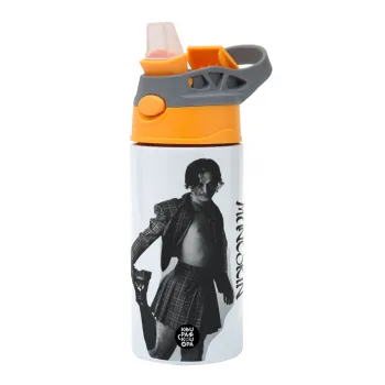 Maneskin Damiano David, Παιδικό παγούρι θερμό, ανοξείδωτο, με καλαμάκι ασφαλείας, Πορτοκαλί/Γκρι (360ml) BPA-FREE