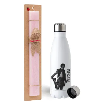 Maneskin Damiano David, Easter Set, metallic stainless steel water bottle (750ml) & scented flat Easter candle (30cm) (PINK)