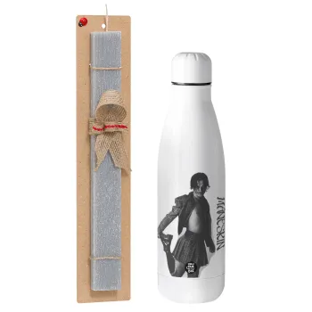 Maneskin Damiano David, Easter Set, metallic stainless thermos bottle (500ml) & scented flat Easter candle (30cm) (GRAY)