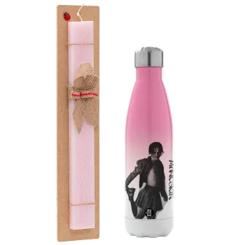 Maneskin Damiano David, Easter Set, Metallic pink/white (Stainless steel) thermos, double-walled, 500ml & aromatic flat Easter candle (30cm) (PINK)