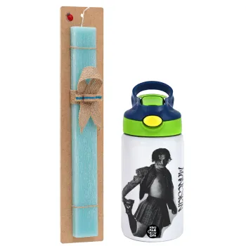 Maneskin Damiano David, Easter Set, Children's thermal stainless steel bottle with safety straw, green/blue (350ml) & aromatic flat Easter candle (30cm) (TURQUOISE)