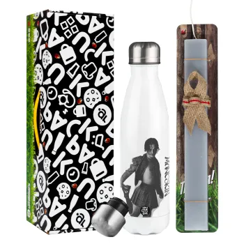 Maneskin Damiano David, Πασχαλινή Λαμπάδα με μεταλλικό παγούρι θερμός λευκός (500ml) & λαμπάδα αρωματική πλακέ (30cm) (ΓΚΡΙ)