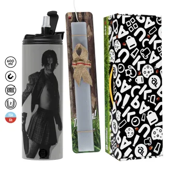 Maneskin Damiano David, Easter candle with Grey Tumbler Thermo 600ml & aromatic flat candle (30cm) (GREY)