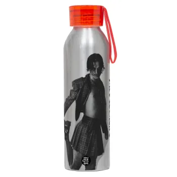 Maneskin Damiano David, Αλουμινένιο Αθλητικό Μπουκάλι 650ml – Ασημί με Κόκκινο Καπάκι και Λουράκι Σιλικόνης