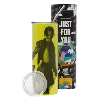 Maneskin Damiano David, Neon Yellow Travel Tumbler θερμό, μεταλλικό καλαμάκι(Ανωξείδωτο 304 Food grade, BPA free, 600ml)