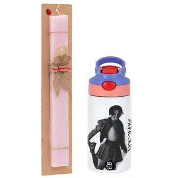 Maneskin Damiano David, Easter Set, Children's thermal stainless steel water bottle with safety straw, pink/purple (350ml) & Easter scented flat candle (30cm) (PINK)