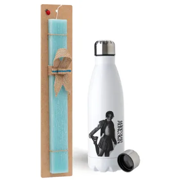 Maneskin Damiano David, Easter Set, metallic stainless steel water bottle (750ml) & aromatic flat Easter candle (30cm) (TURQUOISE)