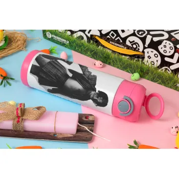 Maneskin Damiano David, Easter candle, Childrens hot water bottle, stainless steel, with safety straw, PINK (500ml)