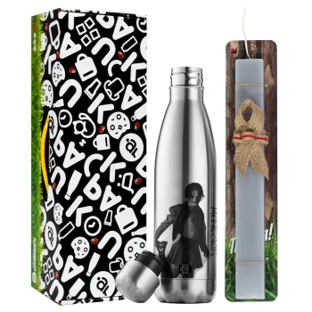 Maneskin Damiano David, Easter Set, metallic stainless thermos flask (500ml) & scented flat Easter candle (30cm) (GRAY)