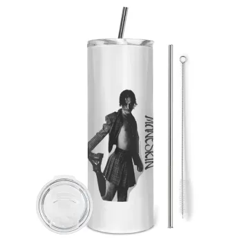 Maneskin Damiano David, Tumbler ποτήρι θερμό από ανοξείδωτο ατσάλι 600ml, με μεταλλικό καλαμάκι & βούρτσα καθαρισμού