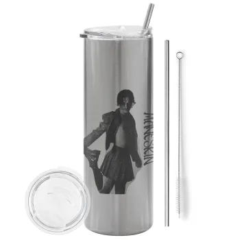 Maneskin Damiano David, Tumbler stainless steel Silver 600ml, with metal straw & cleaning brush