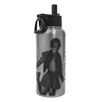 Maneskin Damiano David, Metal mug thermo Silver with Straw and Spout Lid (Stainless steel), double wall, 950ml