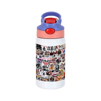 Maneskin stickers, Children's hot water bottle, stainless steel, with safety straw, pink/purple (350ml)