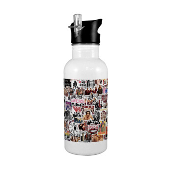 Maneskin stickers, White water bottle with straw, stainless steel 600ml