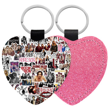 Maneskin stickers, Μπρελόκ PU δερμάτινο glitter καρδιά ΡΟΖ