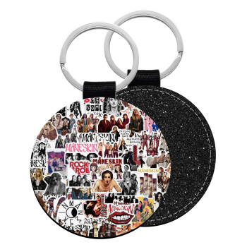 Maneskin stickers, Μπρελόκ Δερματίνη, στρογγυλό ΜΑΥΡΟ (5cm)