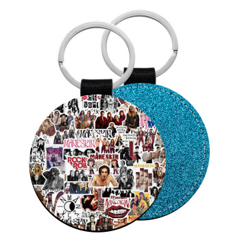 Maneskin stickers, Μπρελόκ Δερματίνη, στρογγυλό ΜΠΛΕ (5cm)