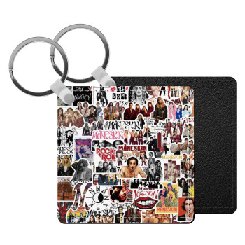 Maneskin stickers, Μπρελόκ Δερματίνη, τετράγωνο ΜΑΥΡΟ (5x5cm)