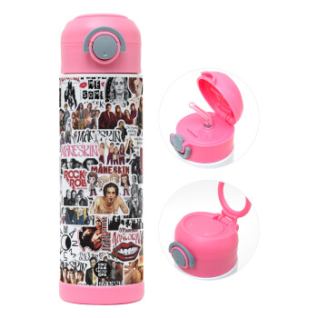Maneskin stickers, Children's hot water bottle, stainless steel, with safety straw, PINK (500ml)