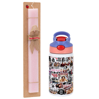 Maneskin stickers, Πασχαλινό Σετ, Παιδικό παγούρι θερμό, ανοξείδωτο, με καλαμάκι ασφαλείας, ροζ/μωβ (350ml) & πασχαλινή λαμπάδα αρωματική πλακέ (30cm) (ΡΟΖ)