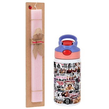 Maneskin stickers, Easter Set, Children's thermal stainless steel water bottle with safety straw, pink/purple (350ml) & Easter scented flat candle (30cm) (PINK)