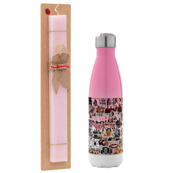 Maneskin stickers, Easter Set, Metallic pink/white (Stainless steel) thermos, double-walled, 500ml & aromatic flat Easter candle (30cm) (PINK)