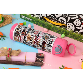 Maneskin stickers, Easter candle, Childrens hot water bottle, stainless steel, with safety straw, PINK (500ml)