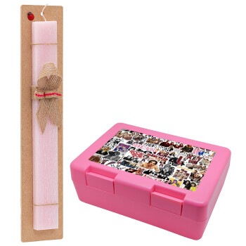 Maneskin stickers, Easter Set, children's snack container PINK & scented flat Easter candle (30cm) (PINK)