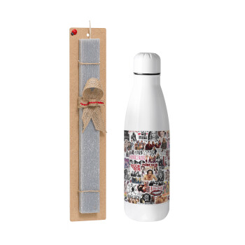 Maneskin stickers, Easter Set, metallic stainless thermos bottle (500ml) & scented flat Easter candle (30cm) (GRAY)