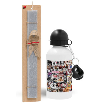 Maneskin stickers, Easter Set, metallic aluminum water bottle (500ml) & aromatic flat Easter candle (30cm) (GRAY)